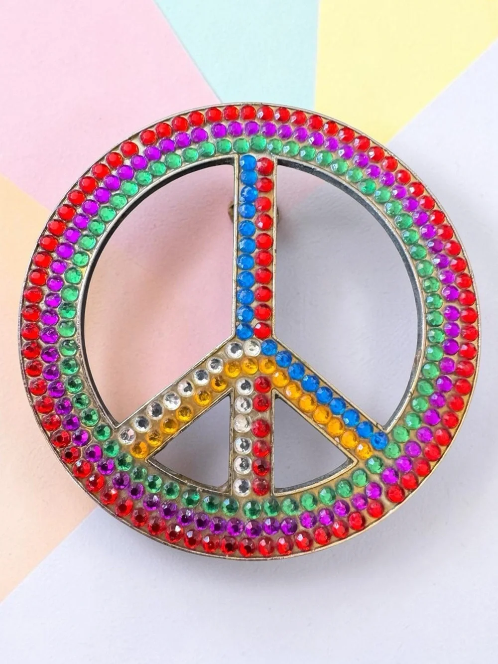 Peace Sign Rhinestone Belt Buckle. Vintage.